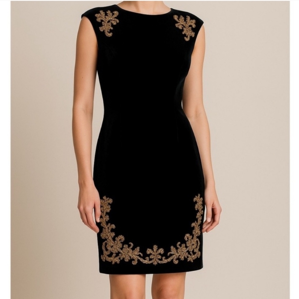 White House Black Market Embroidered Black Gold Velvet Mini Shift Dress